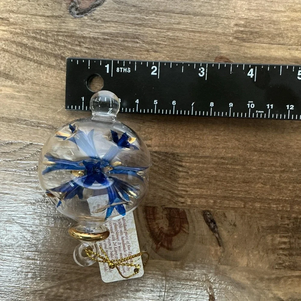 Egyptian Museum Hand Blown Glass Ornament Blue Flower 24K Gold Trim NWT